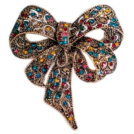 Brooch TASYAS Openwork bow with colorful rhinestones